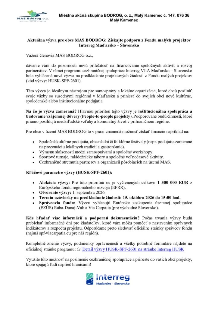 Prvá strana dokumentu: Aktuálna výzva pre obce MAS BODROG:Získajte podporu z Fondu malých projektov Interreg Maďarsko-Slovensko